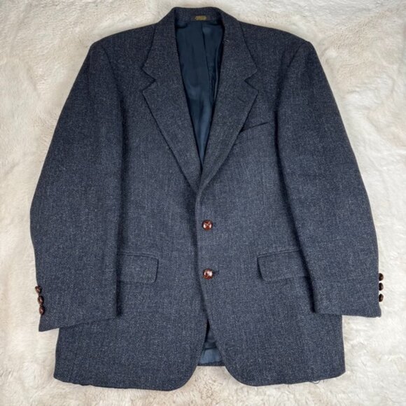 Harris Tweed Vintage Men's 42R Blue Herringbone Blazer Jacket Sport Coat Wool - Picture 1 of 11